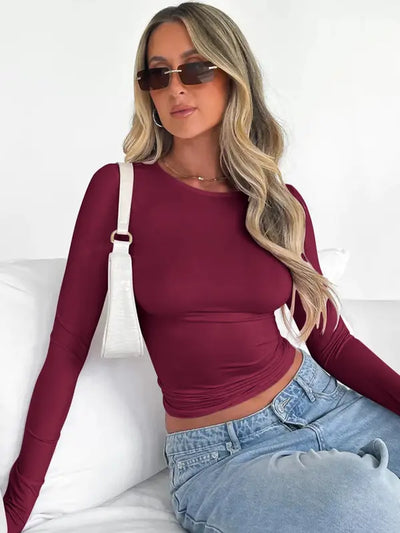 Women'S Plain Long Sleeve Cropped Tee, Casual round Neck Crop Top for Lady, Womenswear, Mean Girls Outfit, Women'S Tops for Music Festival Daily Wear