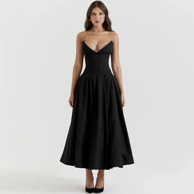 Fiona | Black Strapless Corset Midi Dress